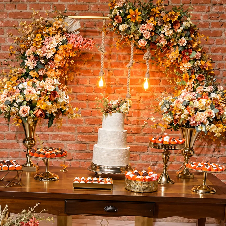 Mesa de doces com bolo de andares, docinhos e arranjo de flores