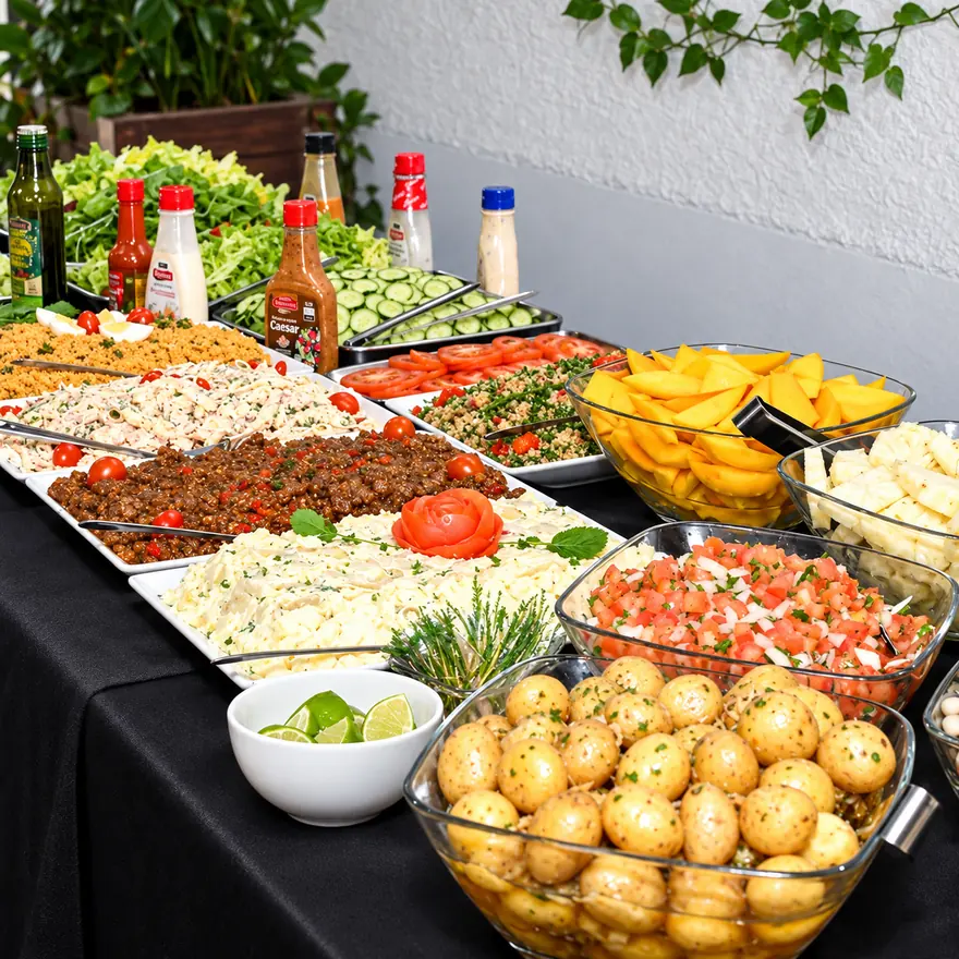 Mesa de buffet com saladas, cuscuz, maionese, tomate e frutas
